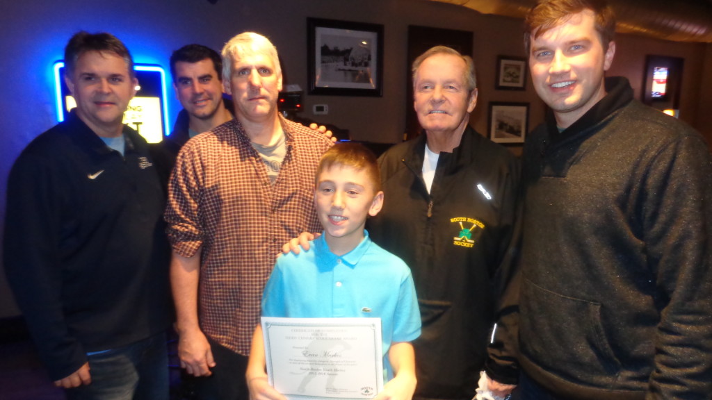 Teddy Cunniff Scholarship nominee Evan Markos pictured (from left) with SBYHL president Thomas McGrath, Brian Carthas, Coach Mike Donovan, Teddy Cunniff and Michael Carthas.