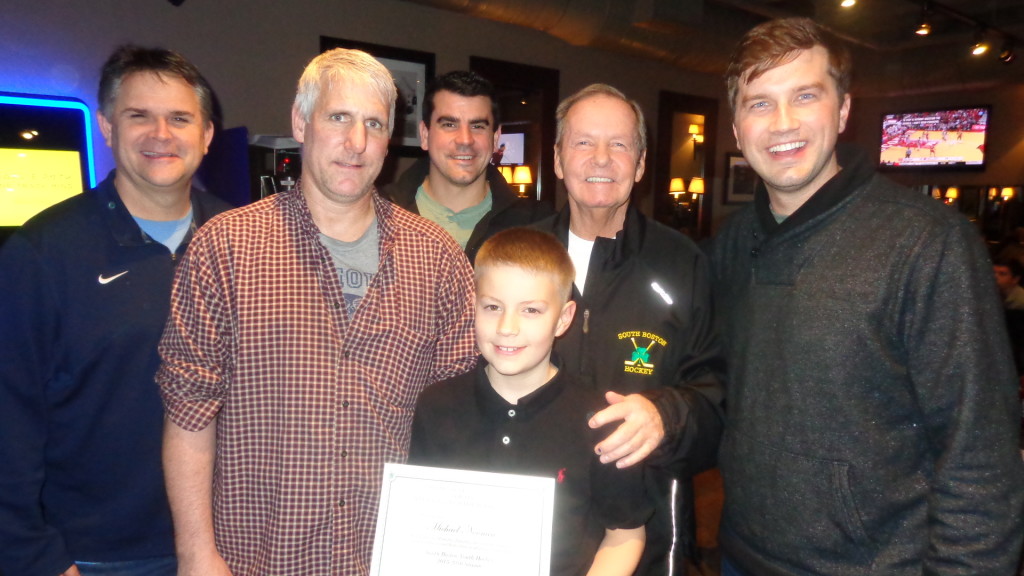 Teddy Cunniff Scholarship nominee Michael “Noon Dog” Noonan, pictured (from left) with SBYHL president Thomas McGrath, Coach Mike Donovan, Brian Carthas, Teddy Cunniff and Michael Carthas. 