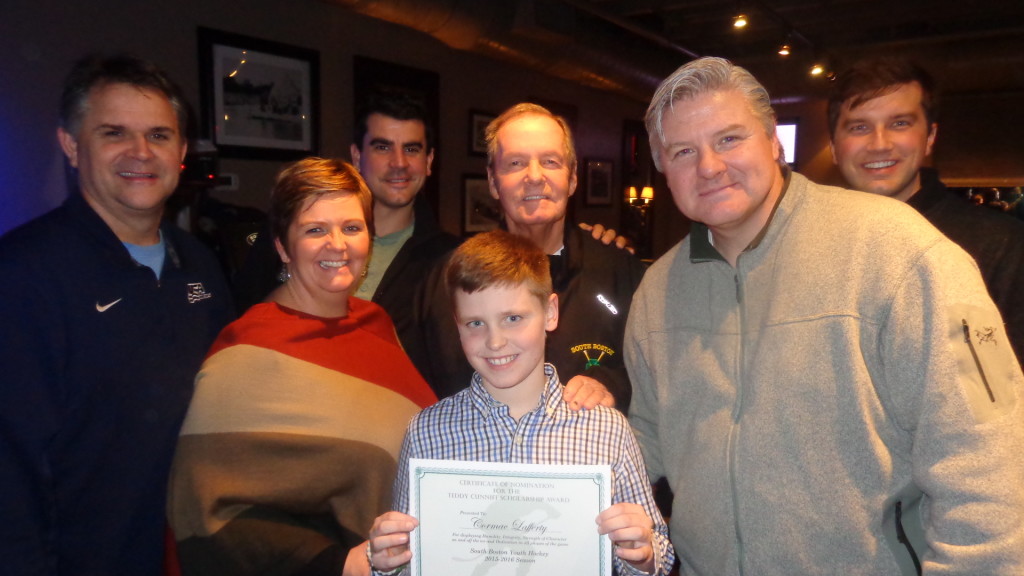 Teddy Cunniff Scholarship nominee Cormac Lafferty pictured (from left) with SBYHL president Thomas McGrath, Kathy Lafferty, Brian Carthas, Teddy Cunniff, and Michael Carthas. 