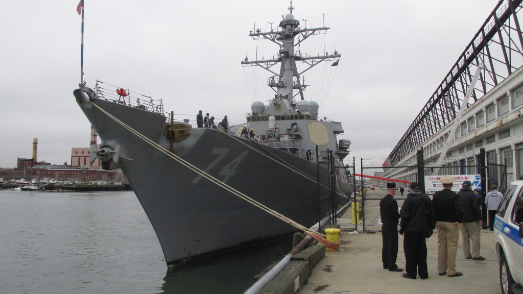 The USS McFaul (DDG-74) settles into her berth at the Black Falcon Terminal on Wednesday, ready to take part in South Boston’s St. Patrick’s and Evacuation Day festivities.