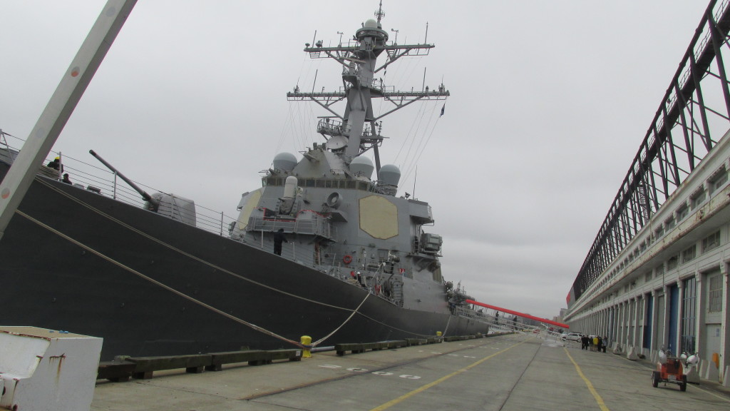 Her massive bridge and control tower reinforces the menacing potential power of the USS McFaul (DDG-74).