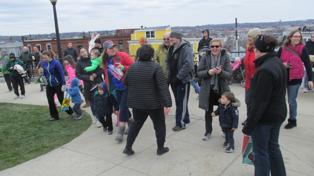 They’re off! The children at Dorchester Heights race to begin the Easter egg hunt.