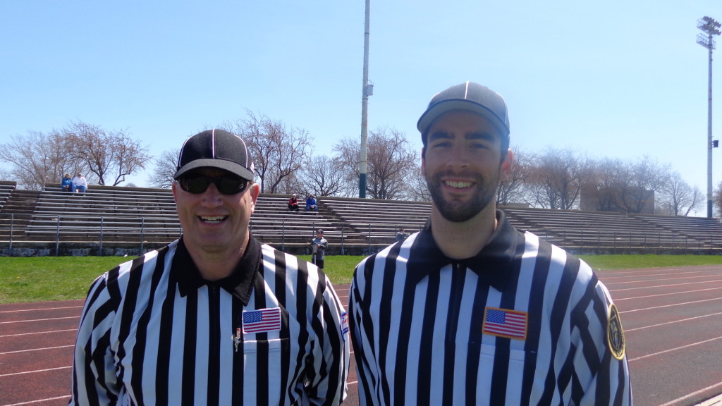 Boston Youth Lacrosse Association game officials Peter Lisiecki (left) and his son Joe at Moakley Park before the seventh and eighth grade boys’ game.
