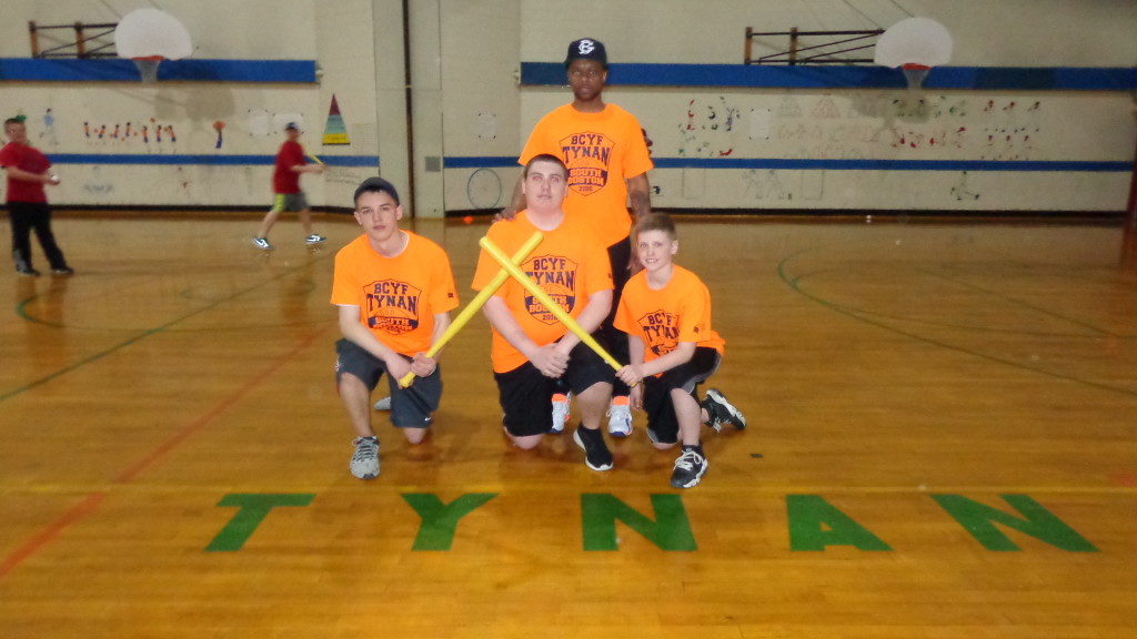 Tynan Assistant Athletic Director Sherike Morris (who doubled as a coach) is pictured with the Tynan spring wiffle ball tournament champions. The champs are (from left) Jonathan Walsh, Matt Hogan, and Cormac Lafferty. 