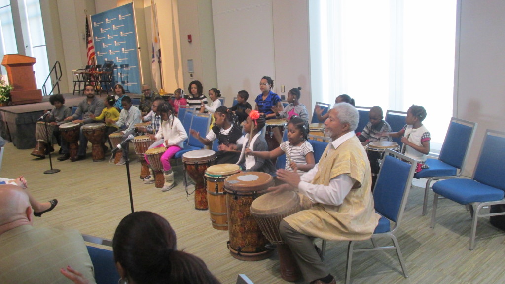 Joe Cook and his Paige Academy Drum Troupe entertain the crowd at UMass Boston Chancellor J. Keith Motley’s 30th Community Breakfast.