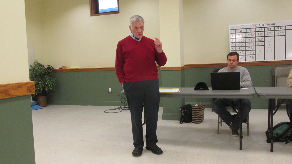 Larry Bishoff, representing the Coalition Against IndyCar Boston, makes a point at Tuesday’s City Point Neighborhood Association meeting.
