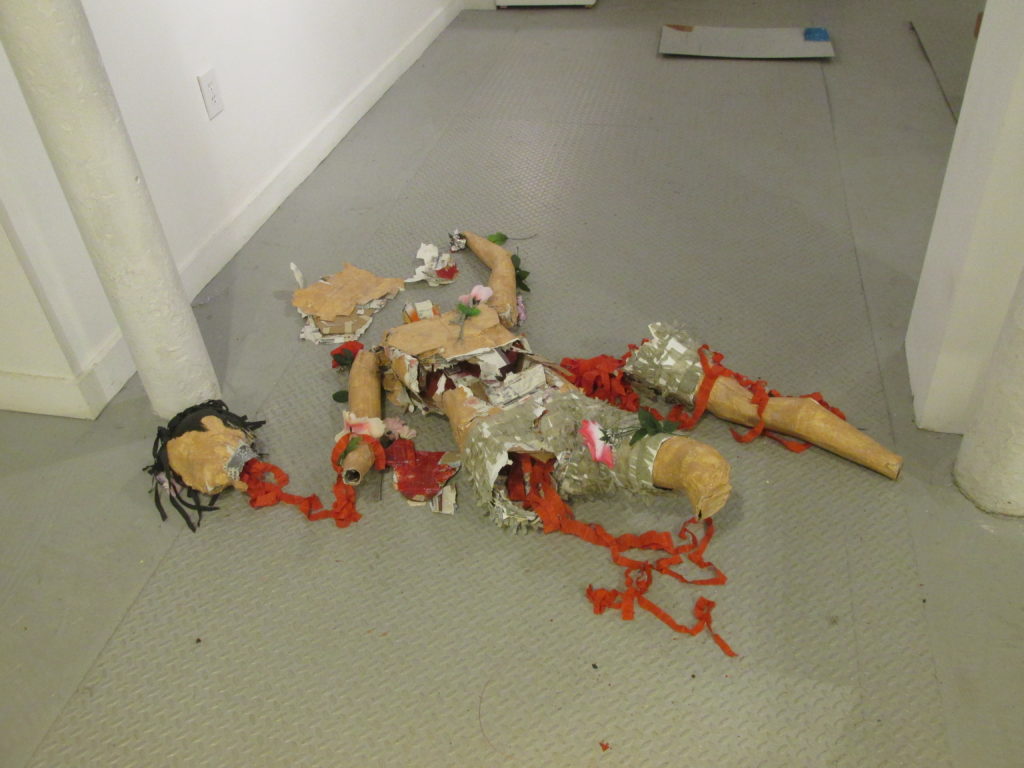 An expression of rage or despair? “Dead Art Star,” papier mache at The Distillery. (Photo by Rick Winterson)