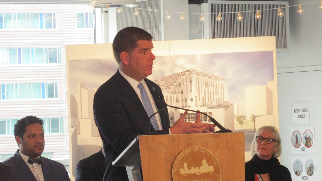 Mayor Martin J. Walsh praises Artists for Humanity’s 25 years of accomplishments at the formal announcement of the EpiCenter Building’s expansion on April 25. Walsh was the guest of honor. (Photo by Rick Winterson) 