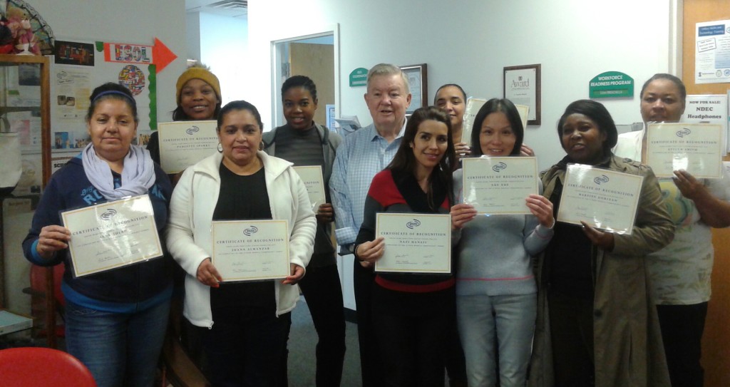 Students in NDEC’s medical terminology class are positioning themselves for a bright future. From left are Alba Suero, Paulette Sparks, Juana Almanzar, Johana Guerrier, instructor Jim Fowkes, Nazi Manafi, Marcia Gonzalez, Xue Xue, Martine Dorlean, and Evelyn Smith. (Courtesy of Notre Dame Education Center)