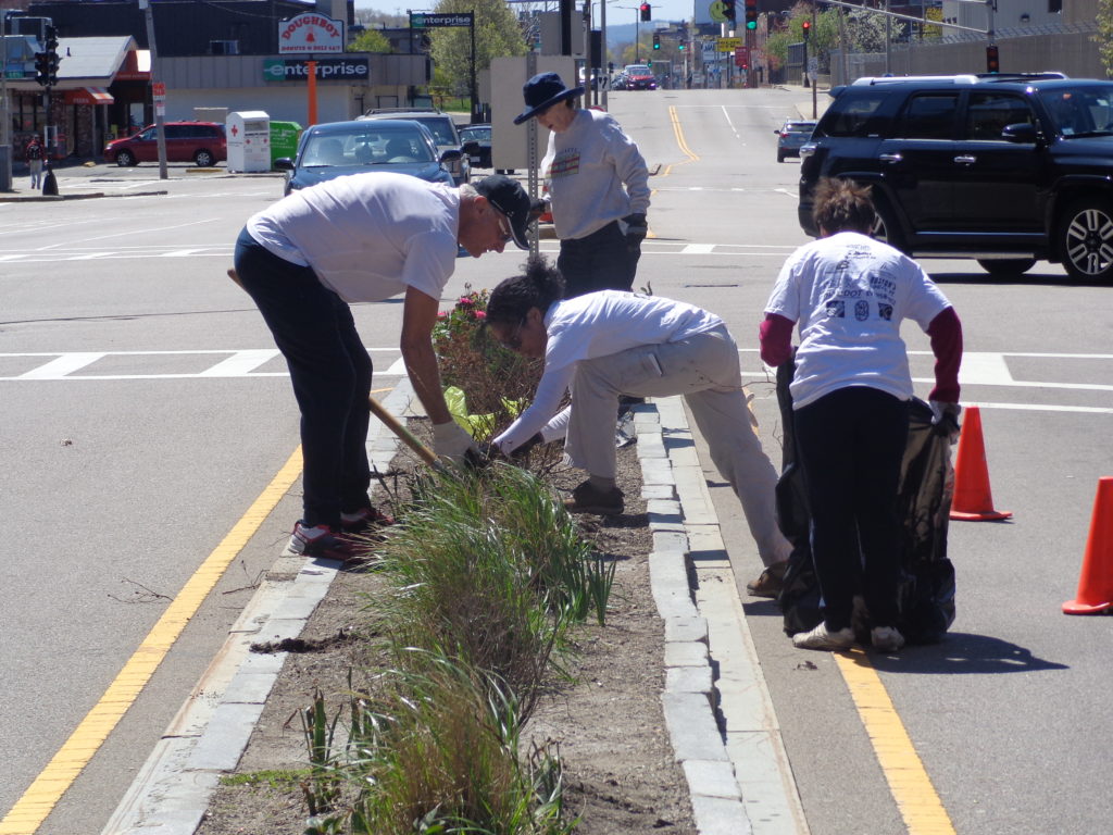 Volunteers from the West Broadway Neighborhood Association are pictured on Dorchester Avenue near Broadway station, busy planting flowers on the roadway island. (Photo by Kevin Devlin)