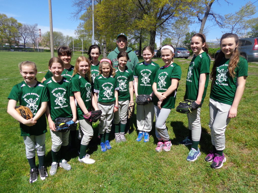 The South Boston Girls Softball League under 14 team coached by Jerry Galvin and Whitney Christmas (not pictured) also playing against Charlestown at the Shore Lane softball field adjacent to the Murphy Rink. The players are: Sara, Molly, Avery, Laura, Emily, Emma, Sinead, Lydia, Abby, Haleigh, and Brianna. Not pictured are Halley, Allison, Maeve and Emma T. (Photo by Kevin Devlin)