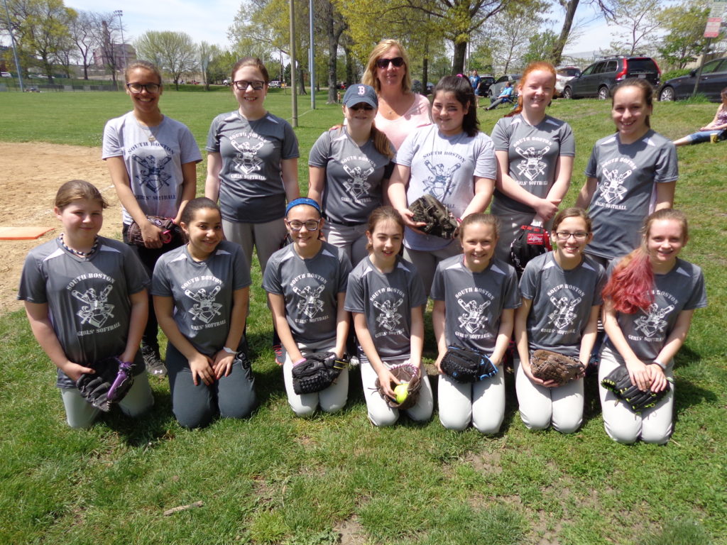 The South Boston Girls Softball League under 14 team coached by Kathy Davis and Katie O’Connell (not pictured) playing against Charlestown at the Shore Lane softball field adjacent to the Murphy Rink. The players are: Emma, Abby, Kate, Olivia, Sarah, Isabella, Arianna, Carmela, Hailey, Brianna, Allison, Samantha and Olivia. (Photo by Kevin Devlin)