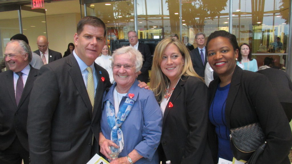 Mayor Marty Walsh, Sr. Peggy Youngclaus, Lorrie Higgins, and Sen. Linda Dorcena Forry enjoying the Laboure festivities. (Photo by Rick Winterson)