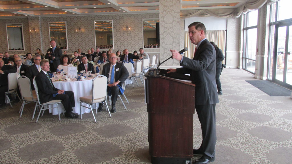 Mayor Marty Walsh makes a point about the value of small businesses to the City of Boston’s well-being at the business breakfast. (Photo by Rick Winterson)