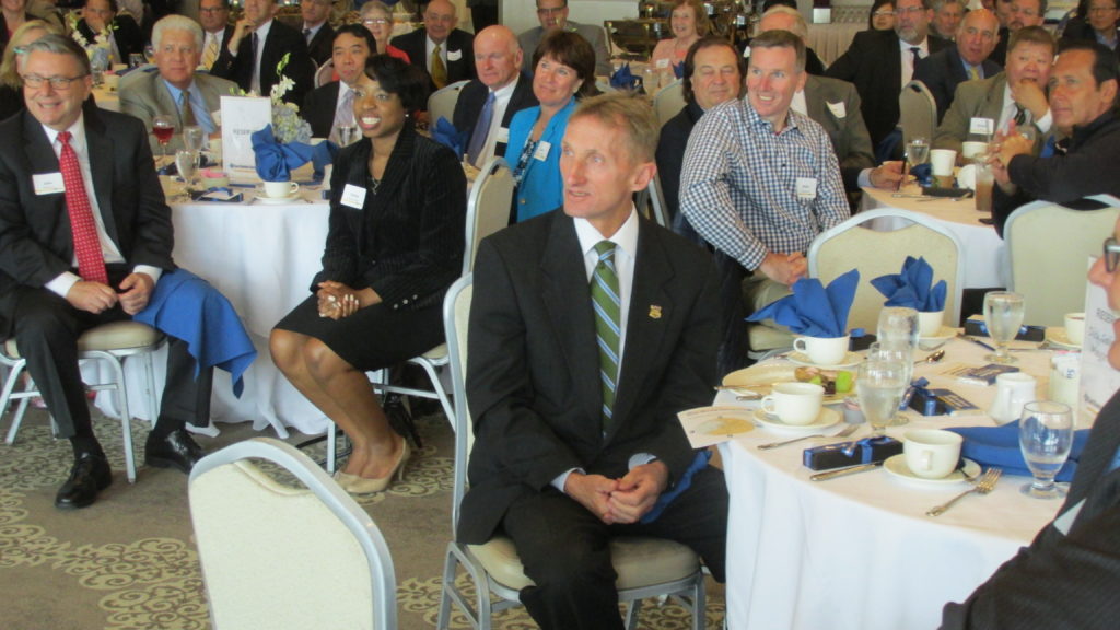 Boston Police Department Commissioner William Evans is recognized at the business breakfast for the progress the Boston Police Department has made against crime (and for his upcoming 50th marathon run). (Photo by Rick Winterson)