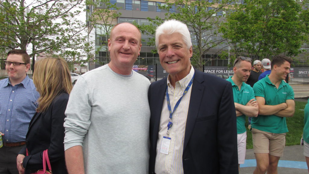 South Boston’s Bobby O’Shea and Massachusetts Convention Center Authority Executive Director David Gibbons are delighted with the turnout at the 2016 opening day of the Lawn on D. (Photo by Rick Winterson)