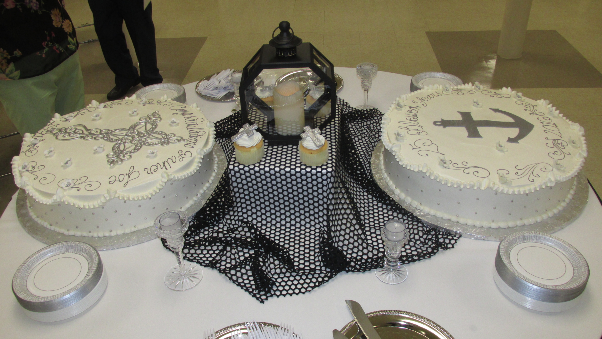 Fr. Joe’s 25th Anniversary cakes – one each for St. Vincent de Paul Parish and Our Lady of Good Voyage Chapel.