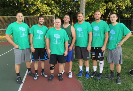 Pictured is the 2016 Garvey Park hoop league finalists, the Monahan Club. The players are: Brian Monahan, Mark Mazza, Mike Flaherty, Drew McInnis, Matt Smith, Griff McLoughlin, and Kevin Bielecki.