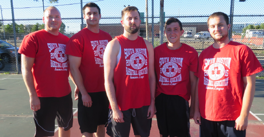 The SBBA 2016 summer league semi-finalists, the Boston Beer Garden Club. The players are: Danny Lynch, Joey Chapin, Matt “Sticka” Walsh, Frankie Lynch, and Bobby Bartlett.