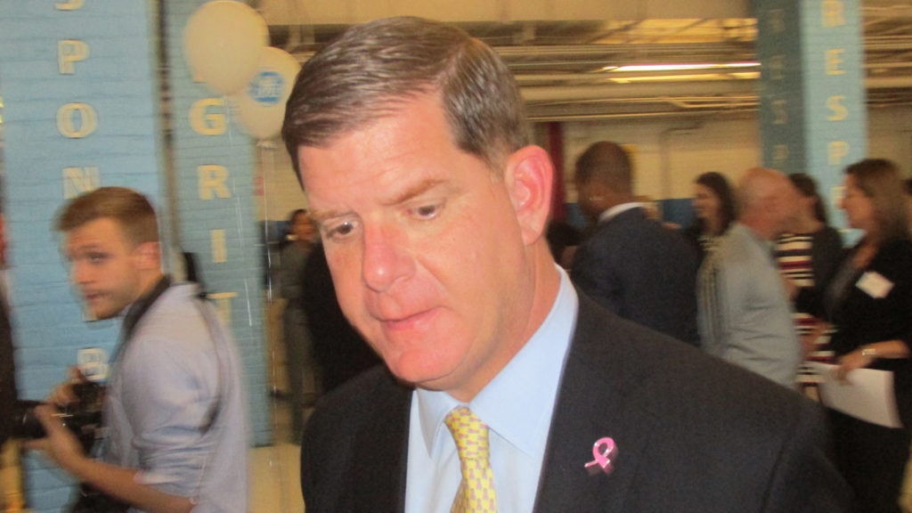 Mayor Marty Walsh arrives at the High School for the GE conclave.
